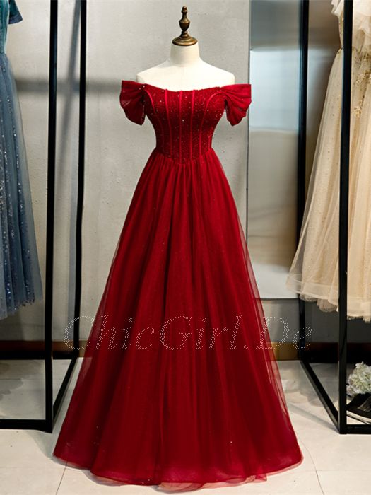 Ausschnitt Abendkleid Tüll Carmen Linie Ballkleid Rot Lang Corsage Perlen A